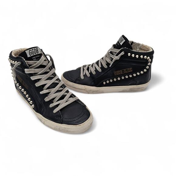 Golden Goose Slide Studded High Top Zip Up Sneaker Black Leather Size 37 US 7 - Picture 2 of 11